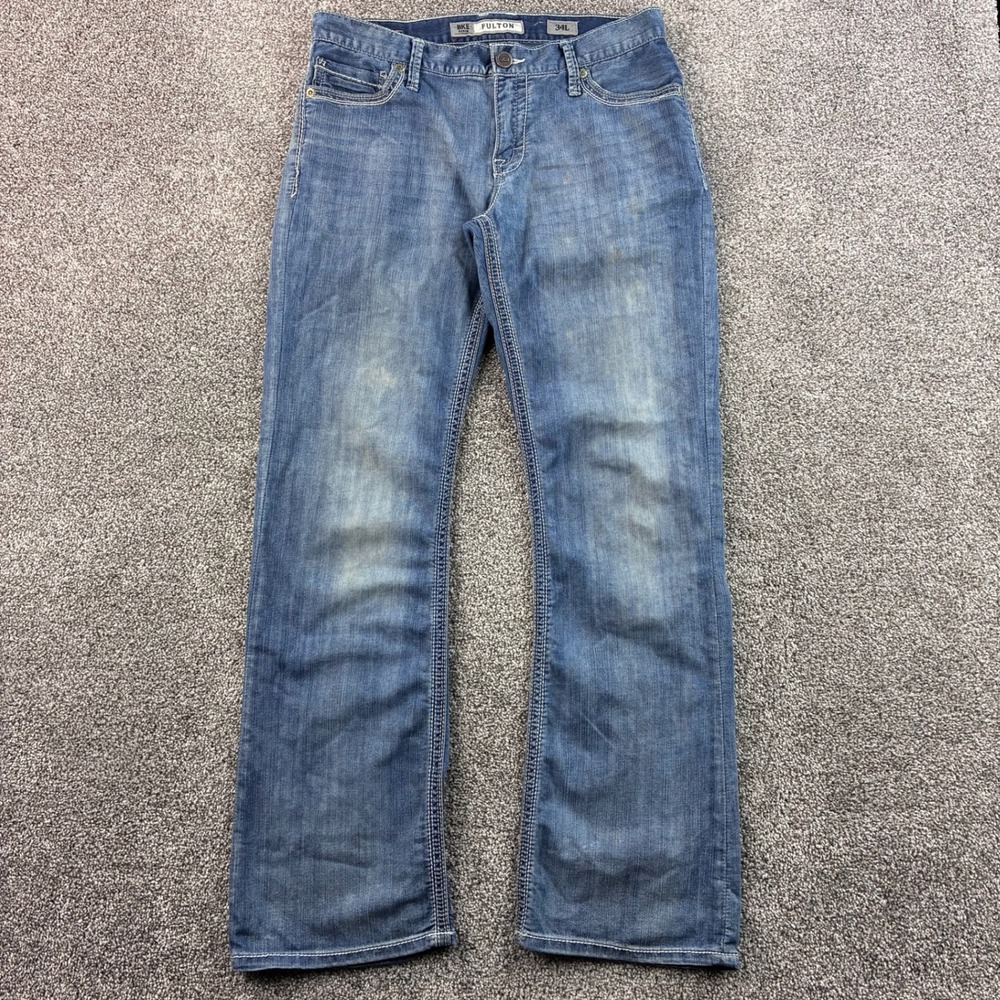 BKE Buckle Jeans Mens 34L Blue Fulton Bootleg Western White Stitching Whiskers